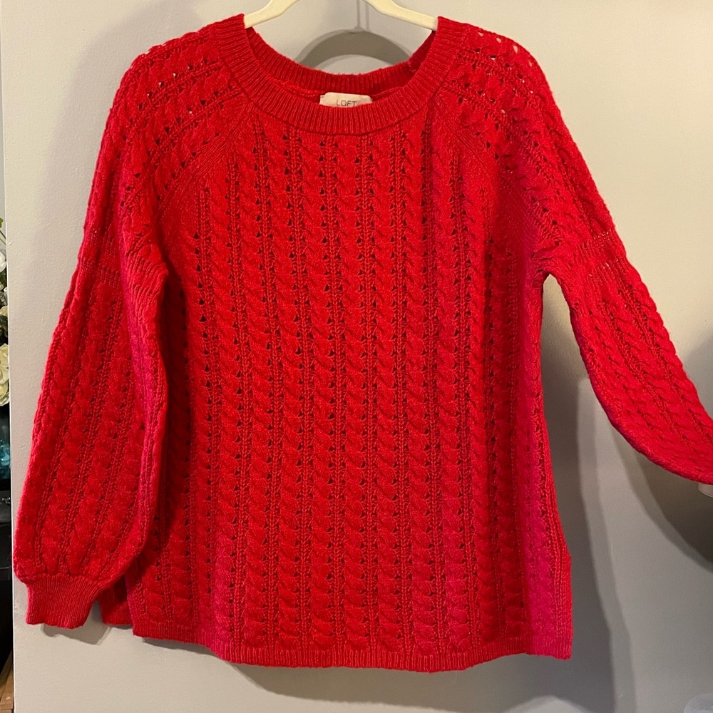 LOFT size LG red cable knit bell sleeve sweater